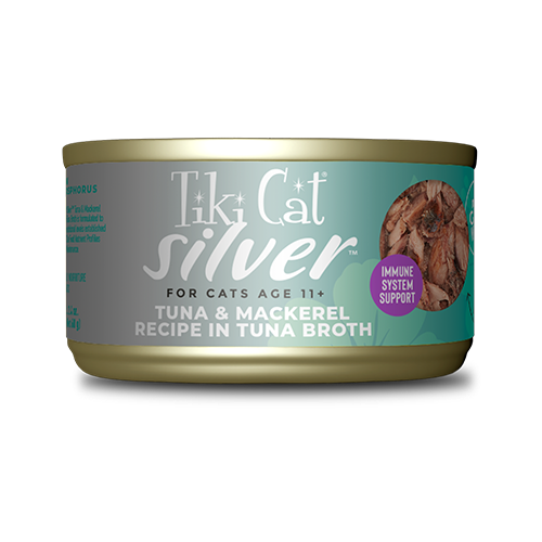 TIKI CAT SILVER SENIOR WHOLE FOODS WITH TUNA & MACKEREL RECIPE IN TUNA BROTH WET CAT FOOD 6 x 2.4OZ