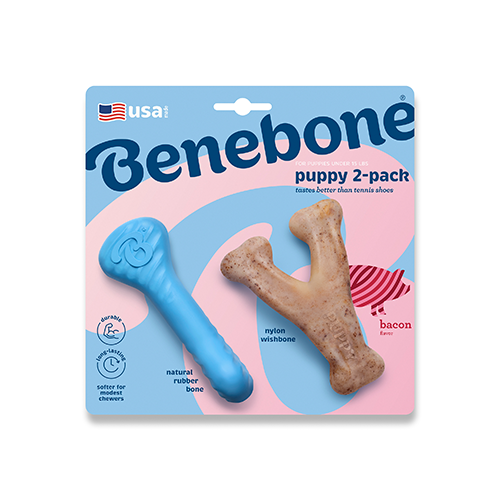 BENEBONE PUPPY NATURAL RUBBER BONE & NYLON WISHBONE BACON FLAVOR 2-PACK