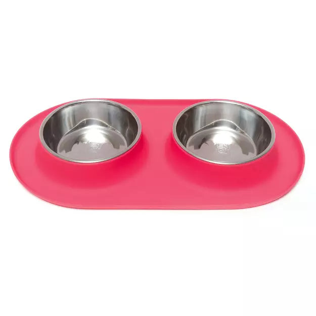 MESSY MUTTS - DOUBLE SILICONE FEEDER WITH STAINLESS BOWLS 1.5 CUPS, MED, WATERMELON