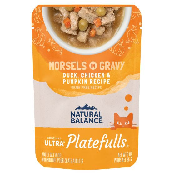 NATURAL BALANCE PLATEFULLS INDOOR DUCK, CHICKEN, AND PUMPKIN IN GRAVY CAT 3 OZ.