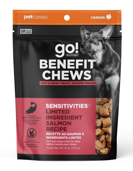 GO BENEFIT CHEWS SENSITIVITIES LIMITED INGREDIENT SOFT AND CHEWY TREATS SALMON RECIPE DOG 170G