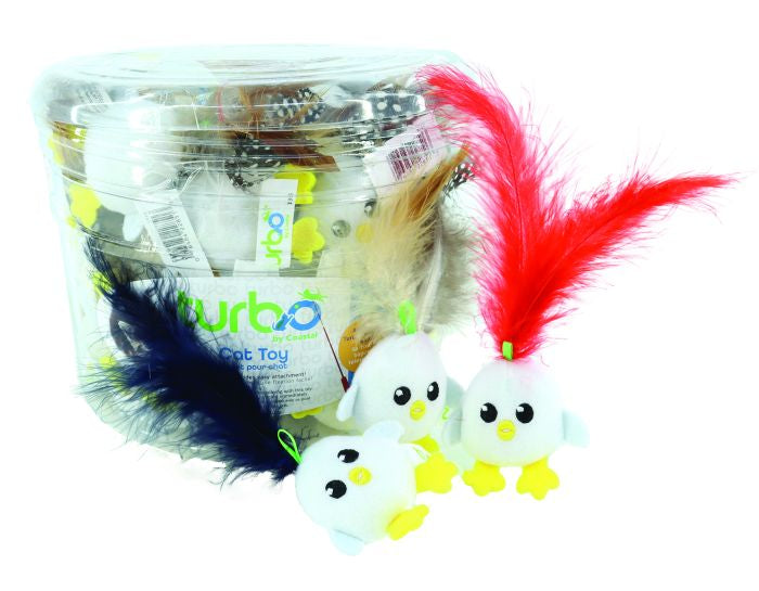 TURBO BULK CAT TOY BIN WITH LIME LOOP, CHICKEN EGG W/ FEATHERS, CAT
