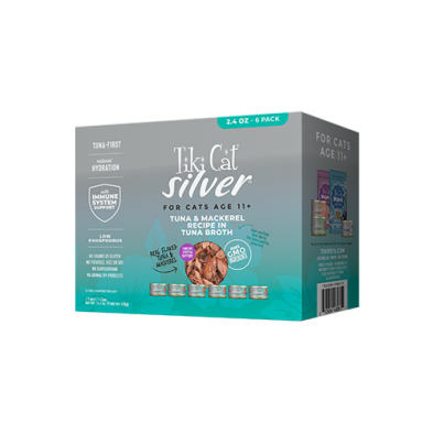 TIKI CAT SILVER SENIOR WHOLE FOODS WITH TUNA & MACKEREL RECIPE IN TUNA BROTH WET CAT FOOD 6 x 2.4OZ